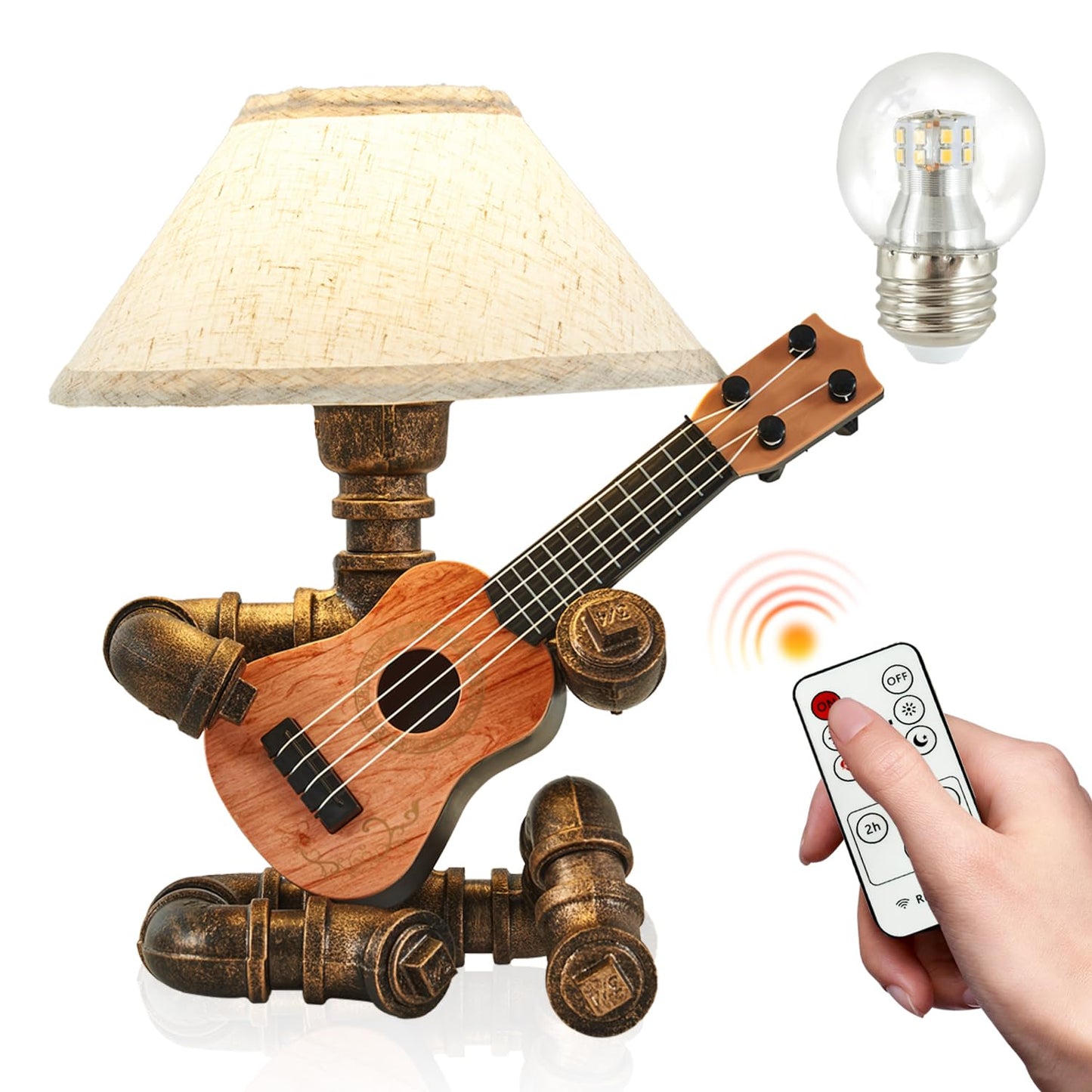 Lovefindahome Vintage Industrial Robot Guitar Table Lamp with Bulb - Remote Control,Timer,Dimmable - Cool Gifts for Music Lovers,Men,& Musicians - Steampunk & Retro Style Bronze
