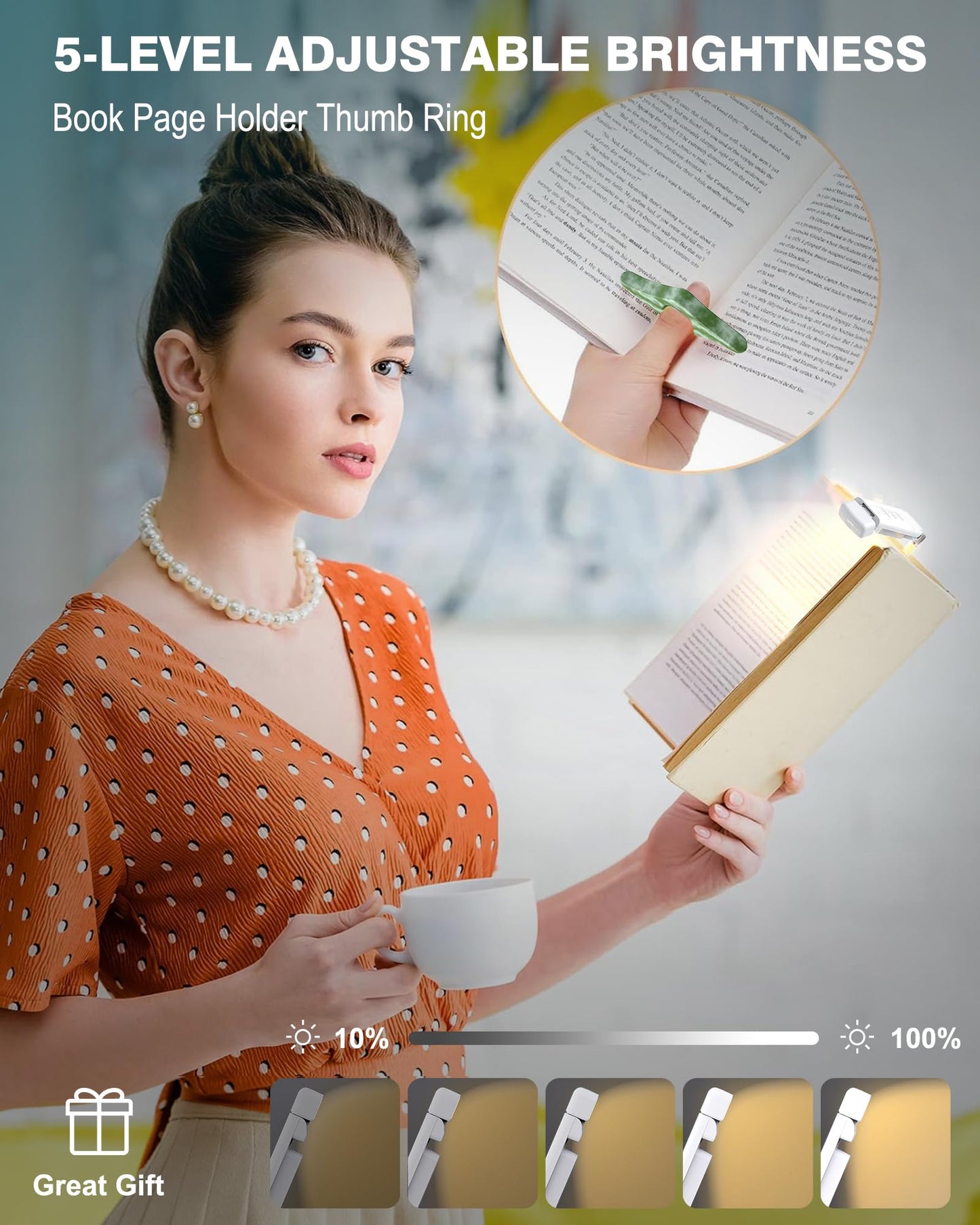 Reading Light, Rechargeable Book Light, with Book Page Holder, 30/60 Min Timer Reading Lamp Clip On, 3 Color Modes & 5 Brightness Dimmable Eye Care for Kids, Reading Lovers at Night in Bed (White)
