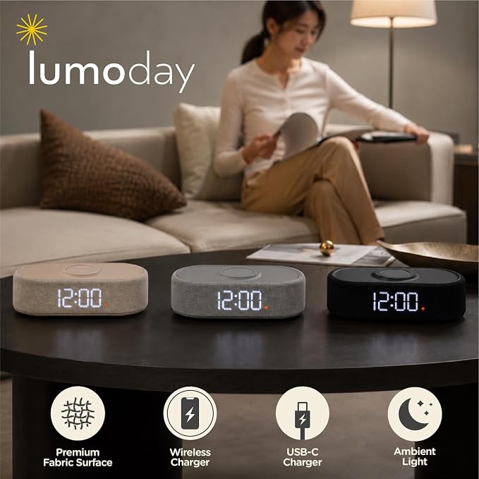 Fabric Digital Alarm Clock for Bedroom, Wireless Charging, Black