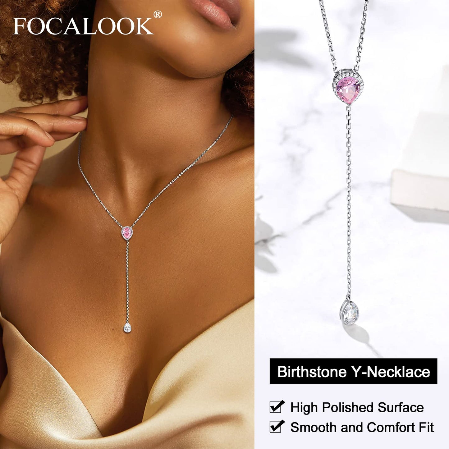 FOCALOOK 925 Sterling Silver October Birthstone Necklace for Women CZ Teardrop Long Y Pendant Necklaces