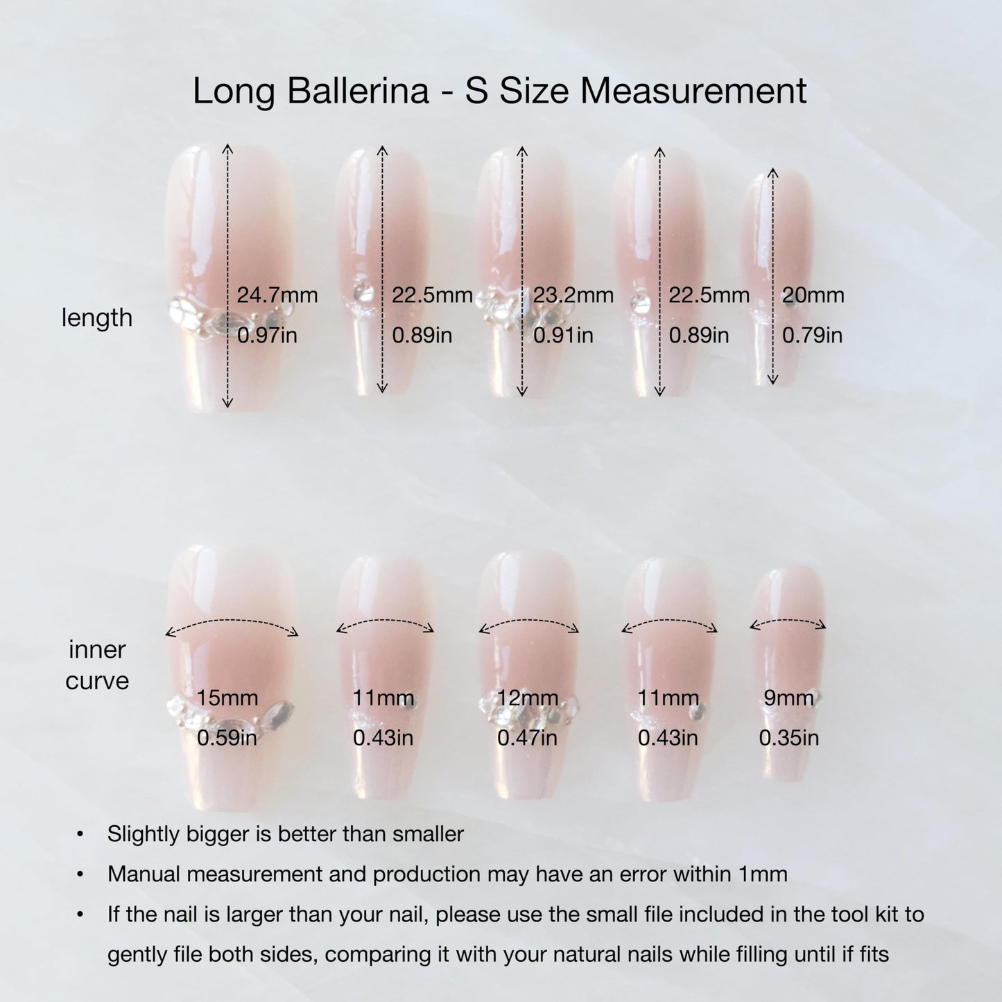 GLORS Long Ballerina Press-on Nails, Pink French Style with Rhinestones, Coffin Shape, Handmade False Nail 10 Pieces (Small,LB)