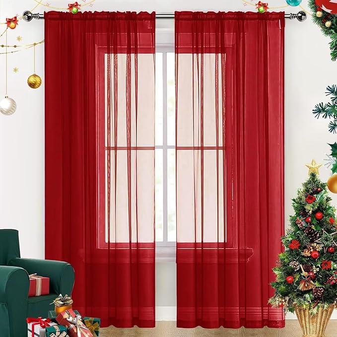SpaceDresser Sheer Voile Window Treatment Rod Pocket Curtain Panels for Kitchen Bedroom Living Room Drapes Sunlight Filtering Privacy Semi Home Decor Assorted Colors Sizes (Christmas Red, 52 W x 96 L)