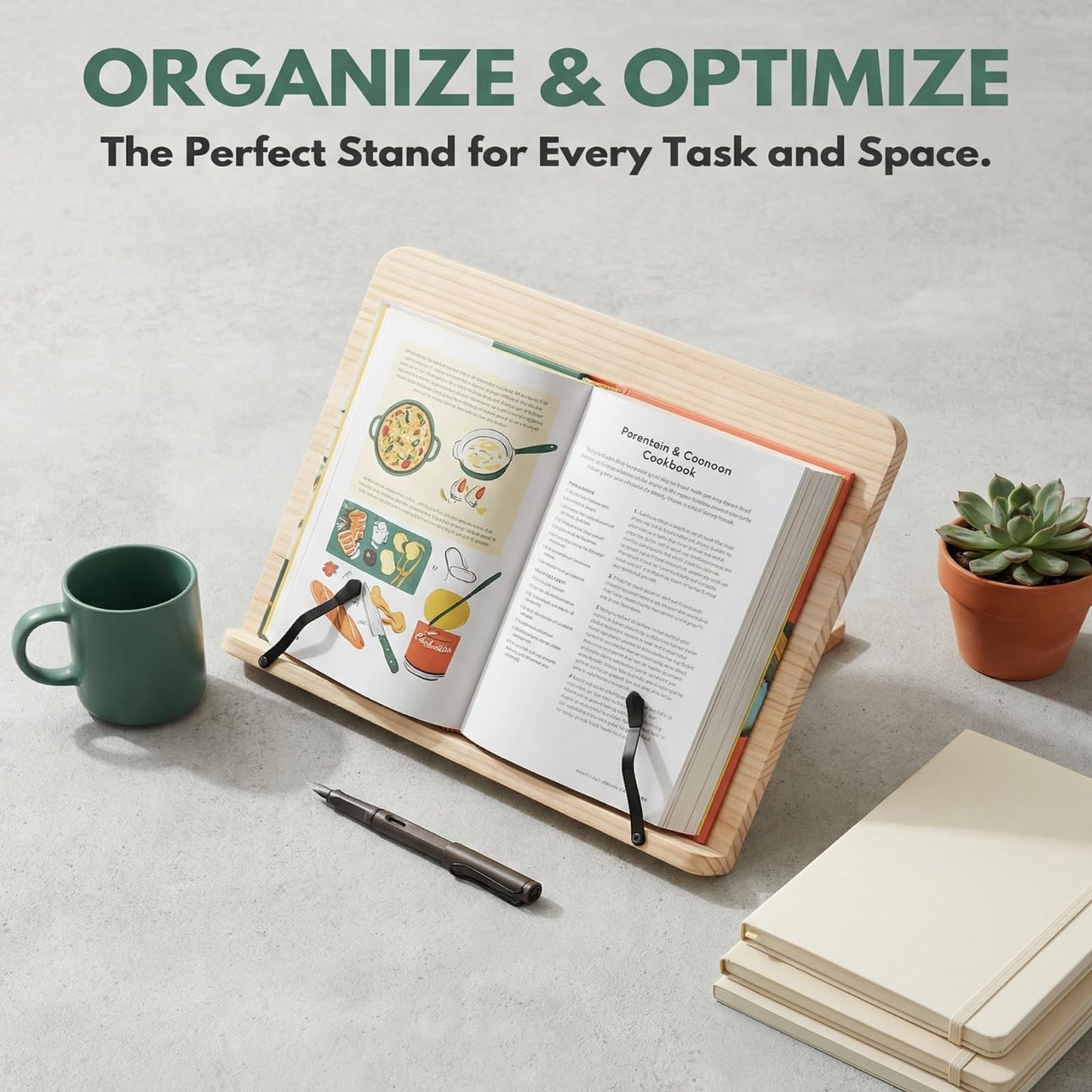 Reading Rack Wooden Bookshelf - Book Stand Foldable with 8 Adjustable Positions and Page Clips,Suitable for cookbooks、iPads、laptops、Sheet Music、and Reading Stands (15x11.4inch)