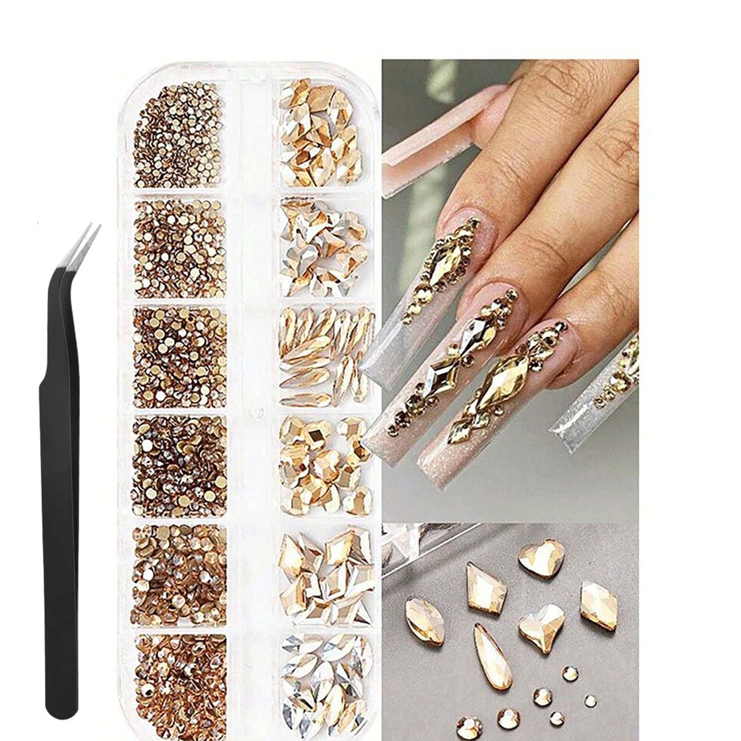 Gold Nail Charms Champagne Nail Gems 3D Clear Flatback Nail Jewels Multi Shape Size Diamonds Nail Rhinestones Shiny Mixed Size Round Hearts Crystals Gems for DIY Nails Faces Eyes Makeup Crafts 12Grid