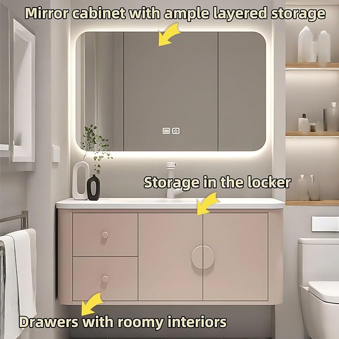 36IN Pink Modern Bathroom Vanity - Bathroom Vanities Set with 2 Drawers Wall Mounted | Rounded Corner Smart Defogging Mirror Cabinet with Lighting & Time Display, Side Opening Storage Shelf (Style A)