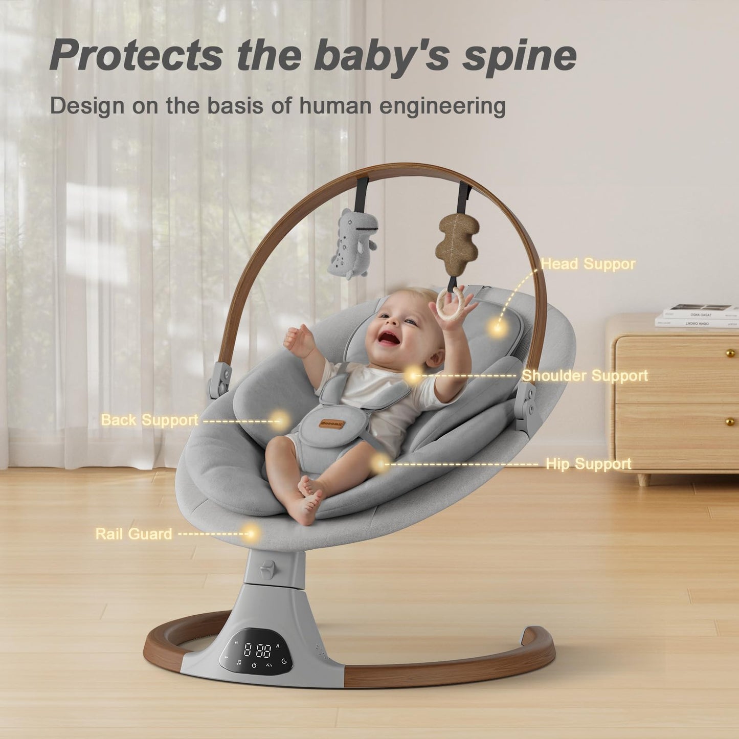 Baby Swings for Infants, Monamii Baby Swing, Bluetooth Infant Swing with Music Speaker, 5 Speeds and Remote Control, Indoor & Outdoor Use (Light Grey)