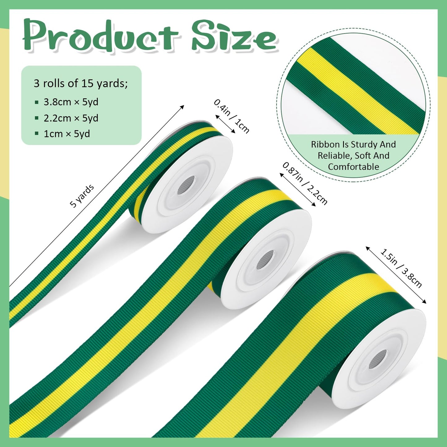 Cunno 3 Rolls Green Gold and Yellow Stripe Grosgrain Ribbon Decorating Material Double Face Polyester Fabric Ribbons Roll for Christmas Home DIY Gift Wrapping Crafts, 0.4, 0.87, 1.5 Inch Wide, 15 Yard