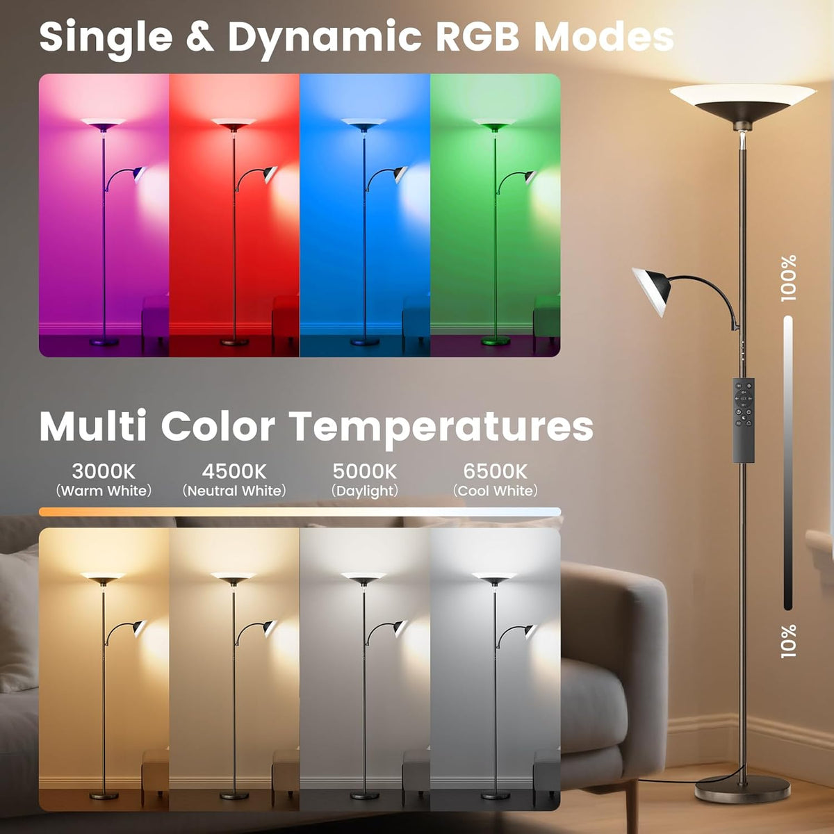 RGB Torchiere Floor Lamp - 2 Way Dimmable LED Standing Lamp with Remote&Button Control, 34W Rotatable Floor Reading Light, 72'' Tall Modern Corner Lamp for Living Room Bedroom Office, Black