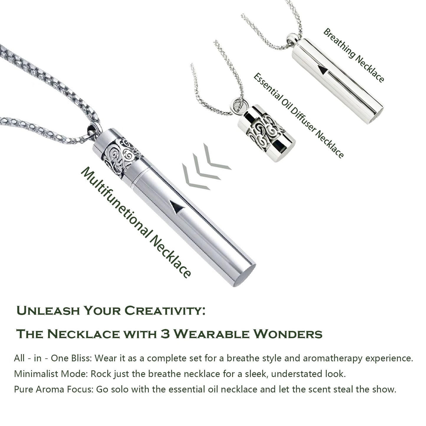 phaxud Stainless Steel Mindfulness Breathing Necklace for Anxiety Original Upgrades Quit Smoking Necklace with Essential Oil Diffuser Multifunctional Jewelry (C)