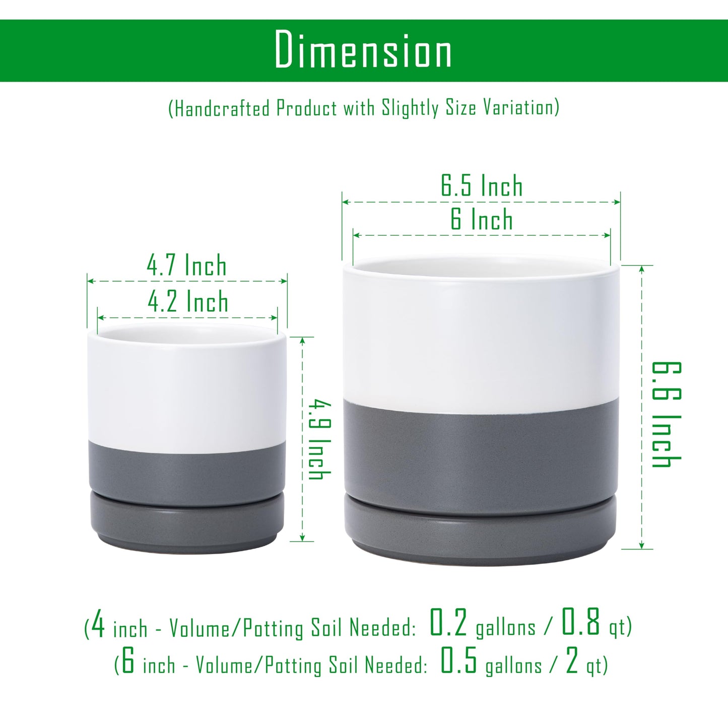 D'vine Dev 4.7 Inch & 6.5 Inch Ceramic Planter Pots for Plants with Drainage Hole and Saucer, Small Plant Pots Set, White/Speckled Grey, 94-G-S-6