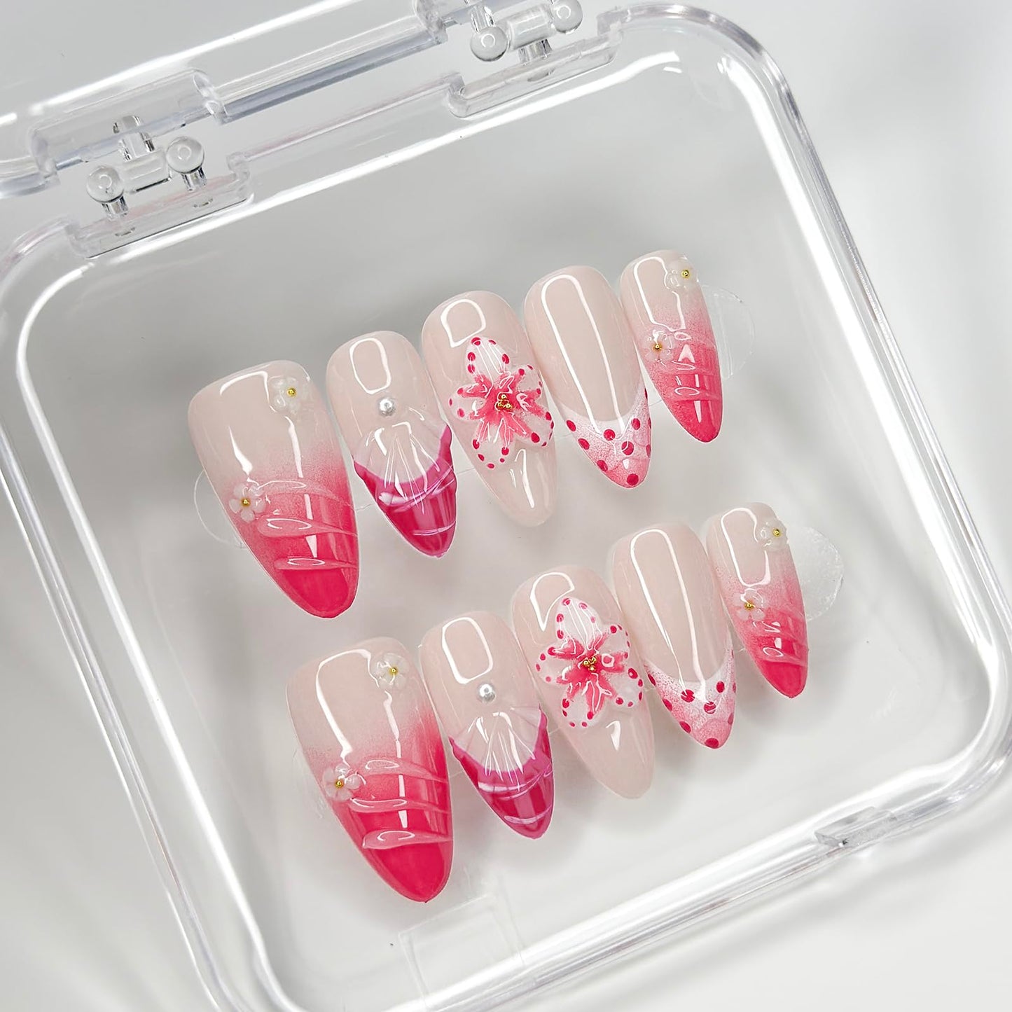 Luxury Press on Nails Medium Almond Handmade 3D Unique Reusable ABS Material Fake Nails Pink False Nails with Designs Floral Art Petal Glossy Glue on Nails Thick Acrylic Nails(S)