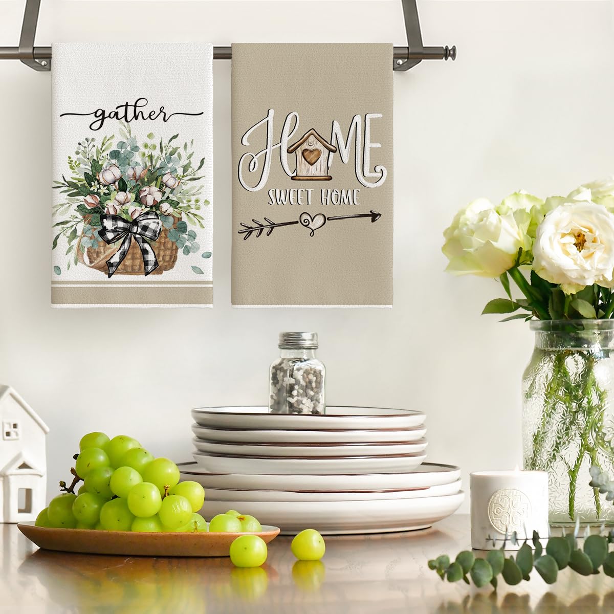 Artoid Mode Eucalyptus Truck Flowers Basket Spring Kitchen Towels Dish Towels, 18x26 Inch Farmhouse Decoration Hand Towels Set of 4