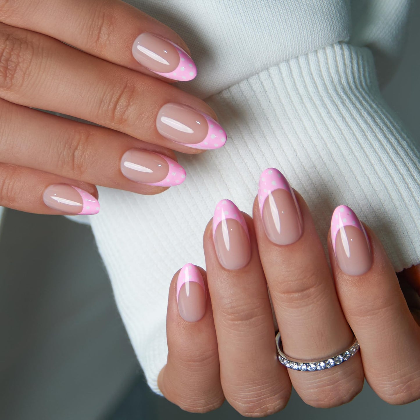 Curvlife Soft Gel Press On Nails Medium Almond Nude Pink French Tip with Polka Dots, Glue On Fake Nails Reusable False Nails Stick On Nail Tips for Women
