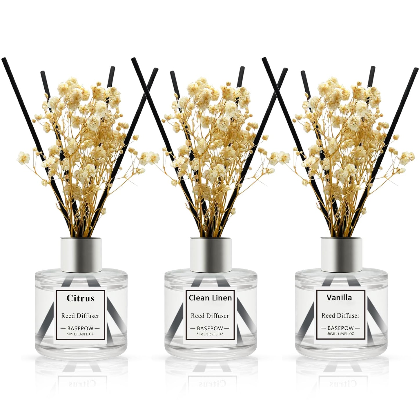 BASEPOW Reed Diffuser Set of 3 Pack,Clean Linen,Vanilla,Citrus Scented Oil Diffuser with 12 Sticks,Reed Diffuser for Home Living Room Office Bathroom Air Freshener,50ml x 3