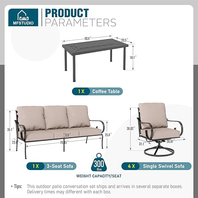 MFSTUDIO 7 Seats Large Metal Patio Conversation Sets, 6 Pieces Outdoor Furniture Sofa with 4 Swivel Chairs, 1 Sofa(3-seat) and Table for Outside Balcony Backyard Poolside