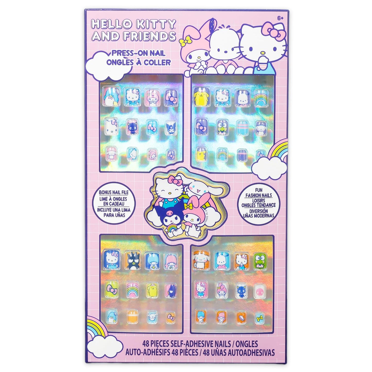 Hello Kitty and Friends Press-On Nails for Kids - Bundle with 48 Stick-On Nails Featuring My Melody, Kuromi, Cinnamoroll, More Plus Stickers, More | Hello Kitty Manicure Kit for Girls
