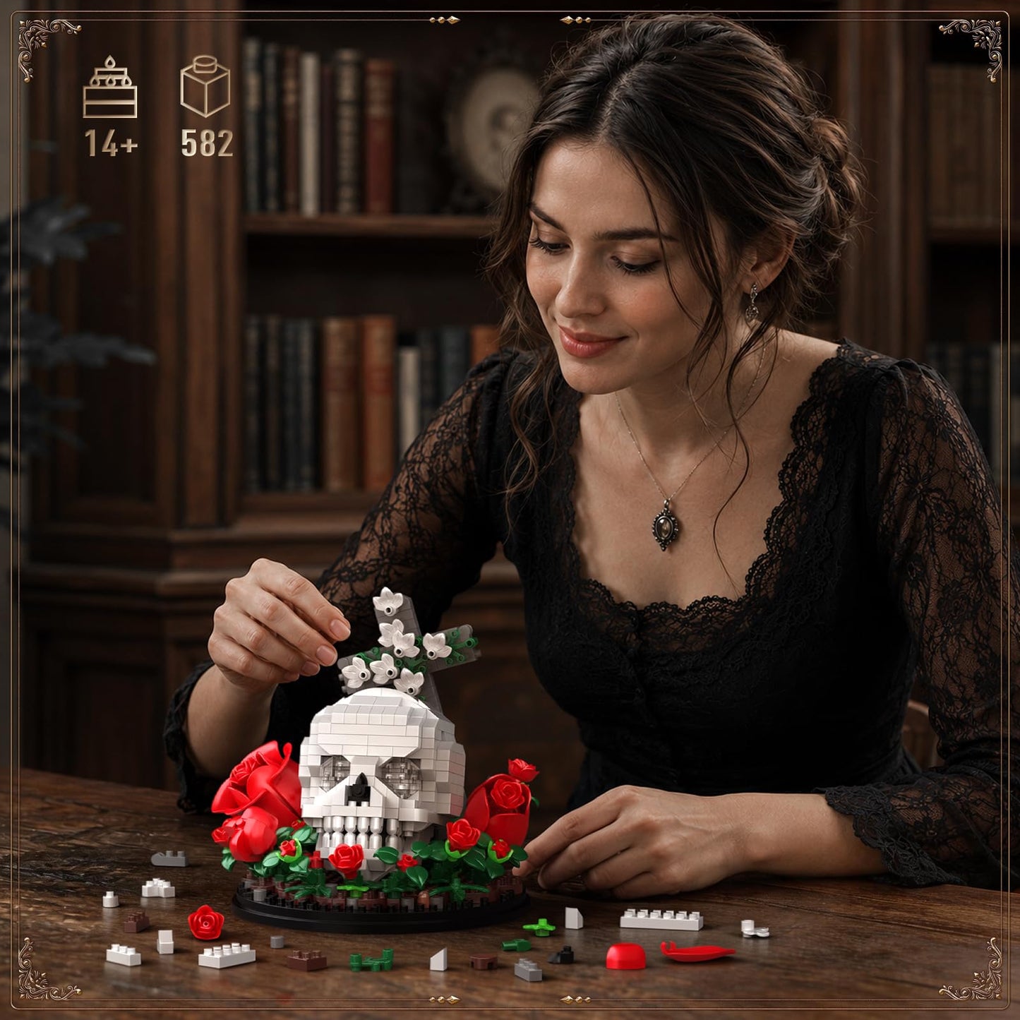 Vziimo Skull & Flowers Building Set, Gothic Skull Roses Micro Building Blocks Decor Model Kit with Cross, Horror Gifts for Adults, Teens Age 14+, Gothic Art Fans (582 PCS)