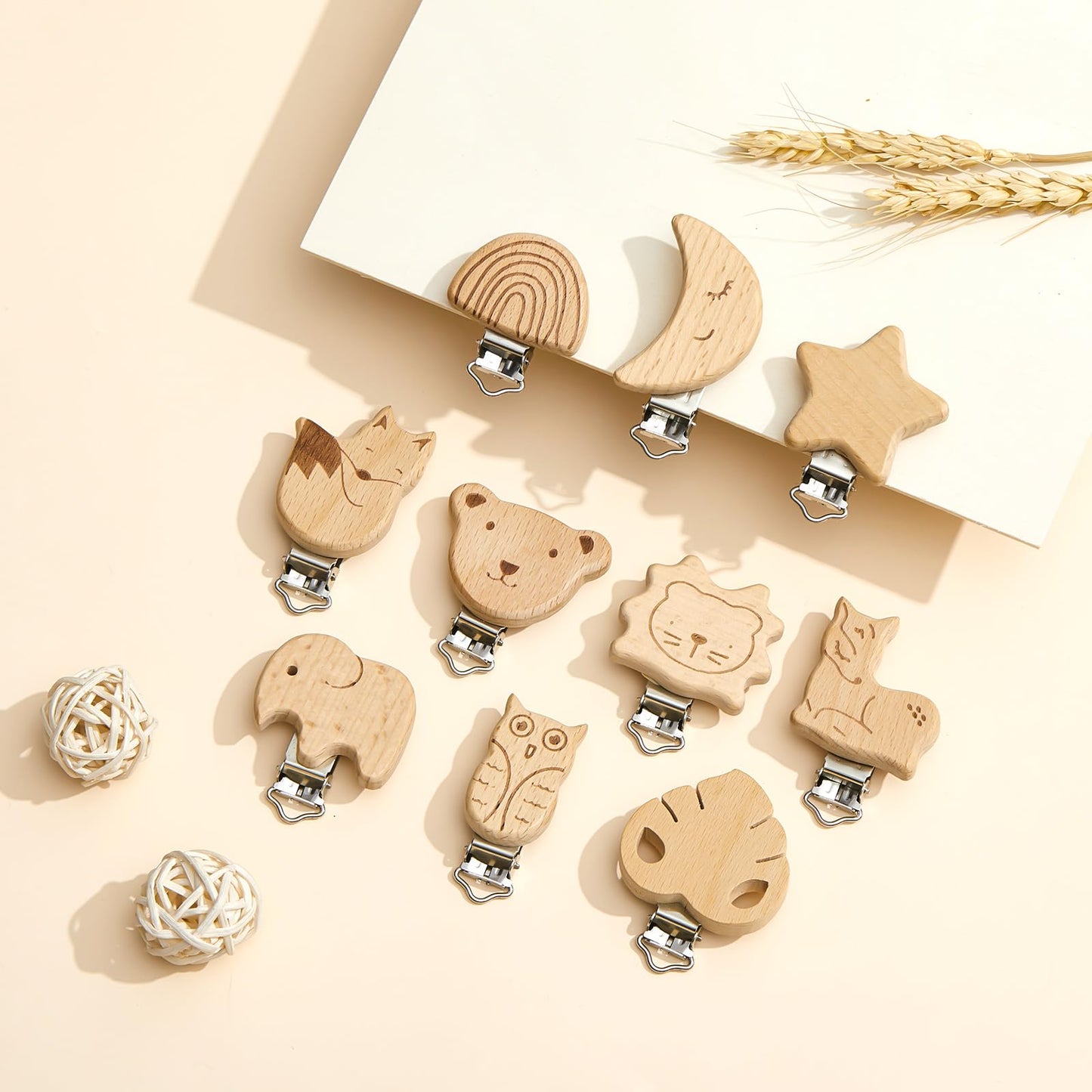 Boao 10 Pcs Wood Pacifier Clips Toy Suspender Clips Charm DIY Pacifier Holder for Baby Toddler Teething Grasping Accessory (Cute)