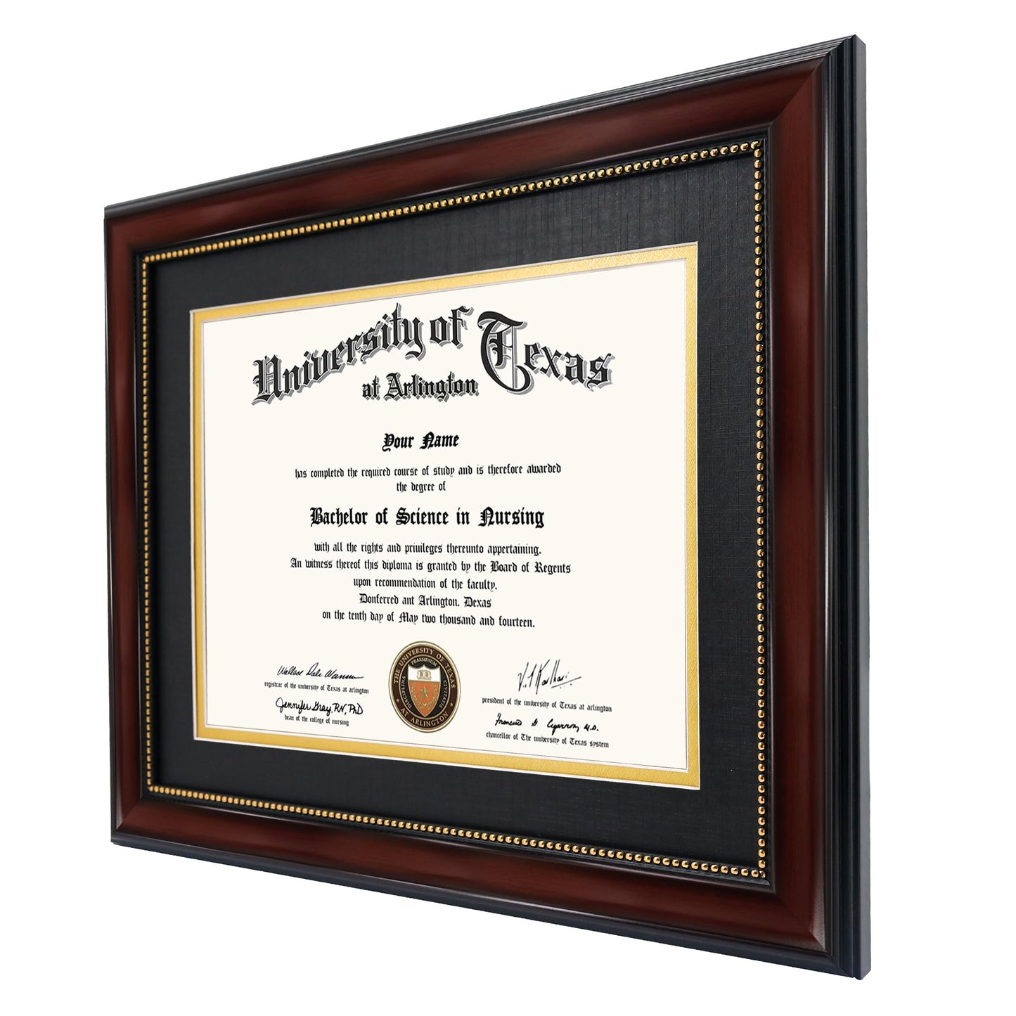 GraduationMall 8.5x11 Diploma Frame with Black over Gold Mat or Display 11x14 Document without Mat, UV Protection Acrylic, Mahogany with Gold Beads