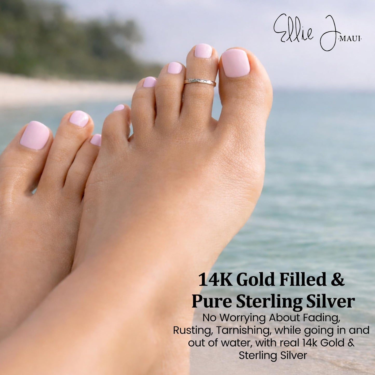 Ellie J Maui 14K Gold Filled Toe Rings for Women Adjustable Open Back Hammered Toe Ring Handmade Non Tarnish Dainty Gold Toe Ring Summer Beach Foot Jewelry