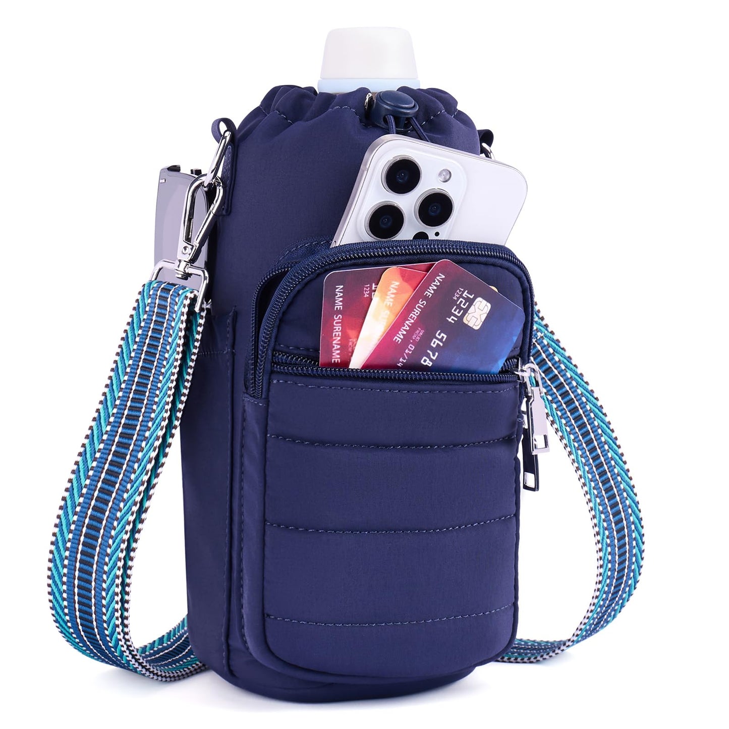Lexiyat Water Bottle Bag 40 oz Crossbody Water Bottle Holder for Walking Hiking Insulated Compartment Carrier Purse with Adjustable Strap Blue