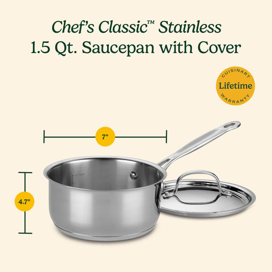Cuisinart 1.5 Quart Sauce Pan with Cover, Stainless Steel Pot with Lid, Small Kitchen Pots, Dishwasher Safe, Compatible with Induction, Electric, Gas Cooktops, Oven Safe Saucepan, Cool Grip Handles