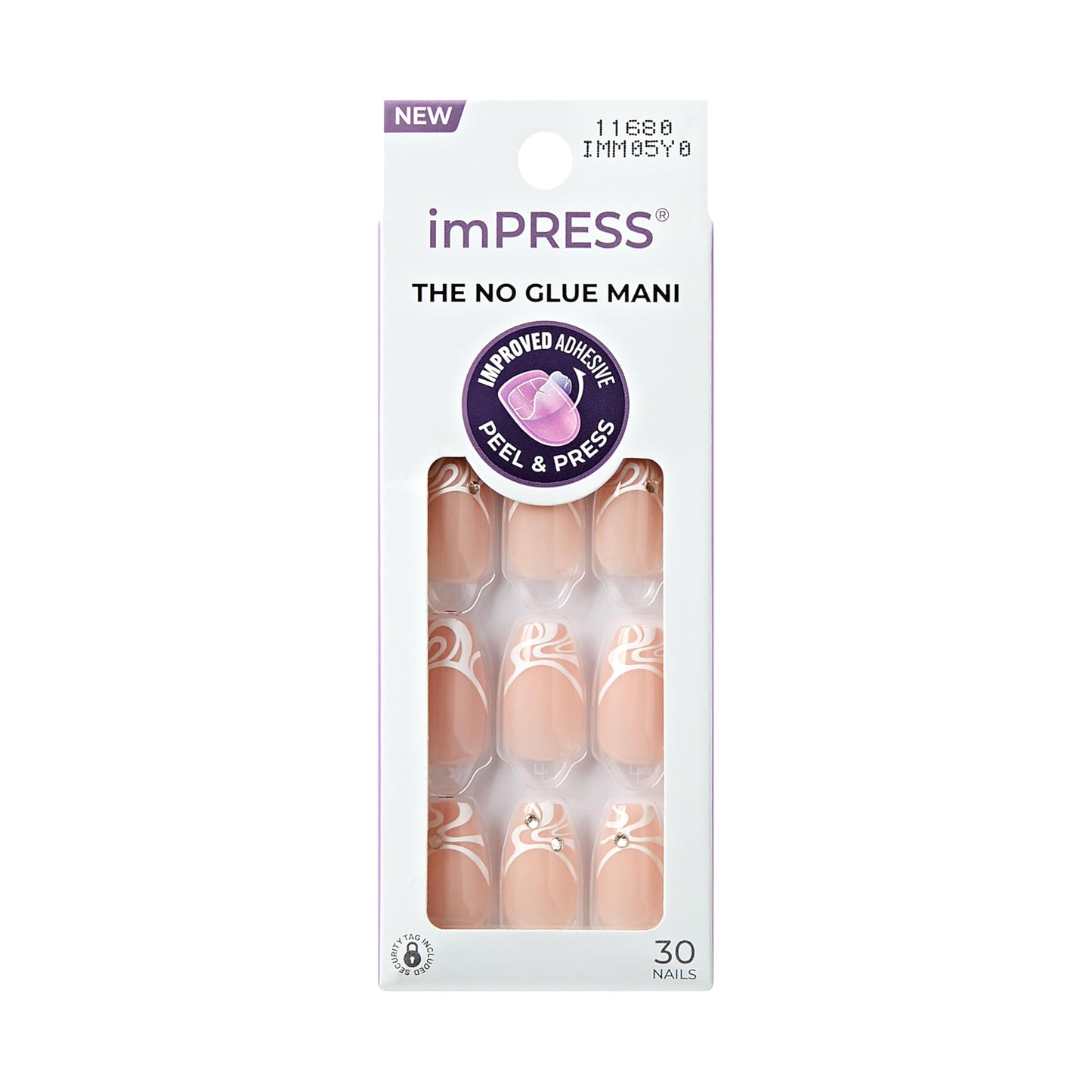 KISS Impress No Glue Mani 30 Pcs Press on Nails, Easy Apply, Hassle-Free Removal, Simple Peel & Press, Essential Tools Included, Prep Pad, Instructions Sheet, 1 Manicure Stick, 1 Mini File (Coy)
