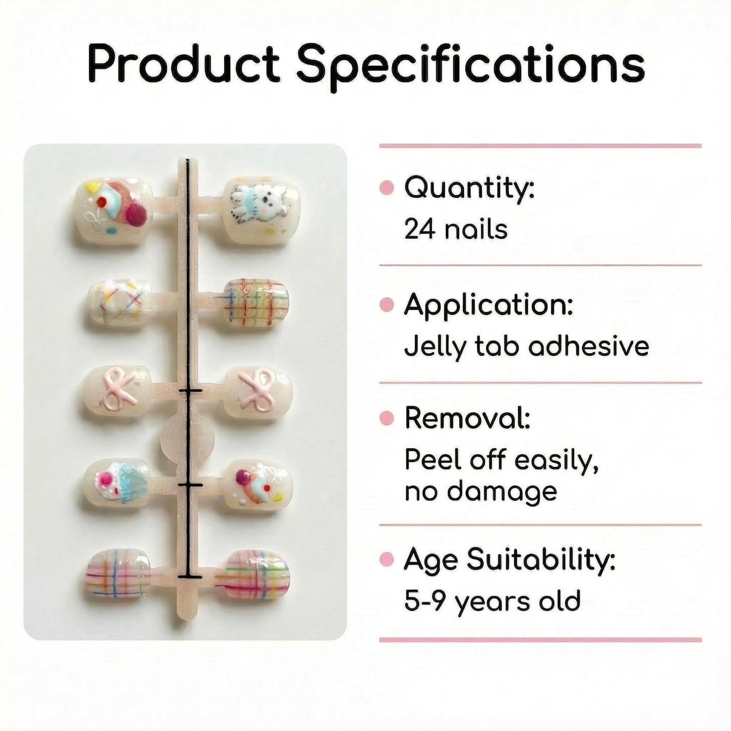 Kids Press On Nails, Happy Day Party Design, Cute Birthday Glittered Nails for Girls, Strawberry & Cake Style, Easy Apply, 24pcs