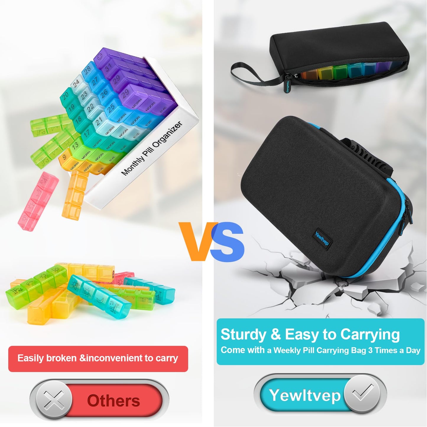 Monthly Pill Organizer 4 Times a Day, Pill Box Organizer with 32 Daily Compartments, 30 Day Pill Organizer 4X a Day Pill Holder with Hard Shell Travel Case with Weekly Pill Bag 4 Times a Day
