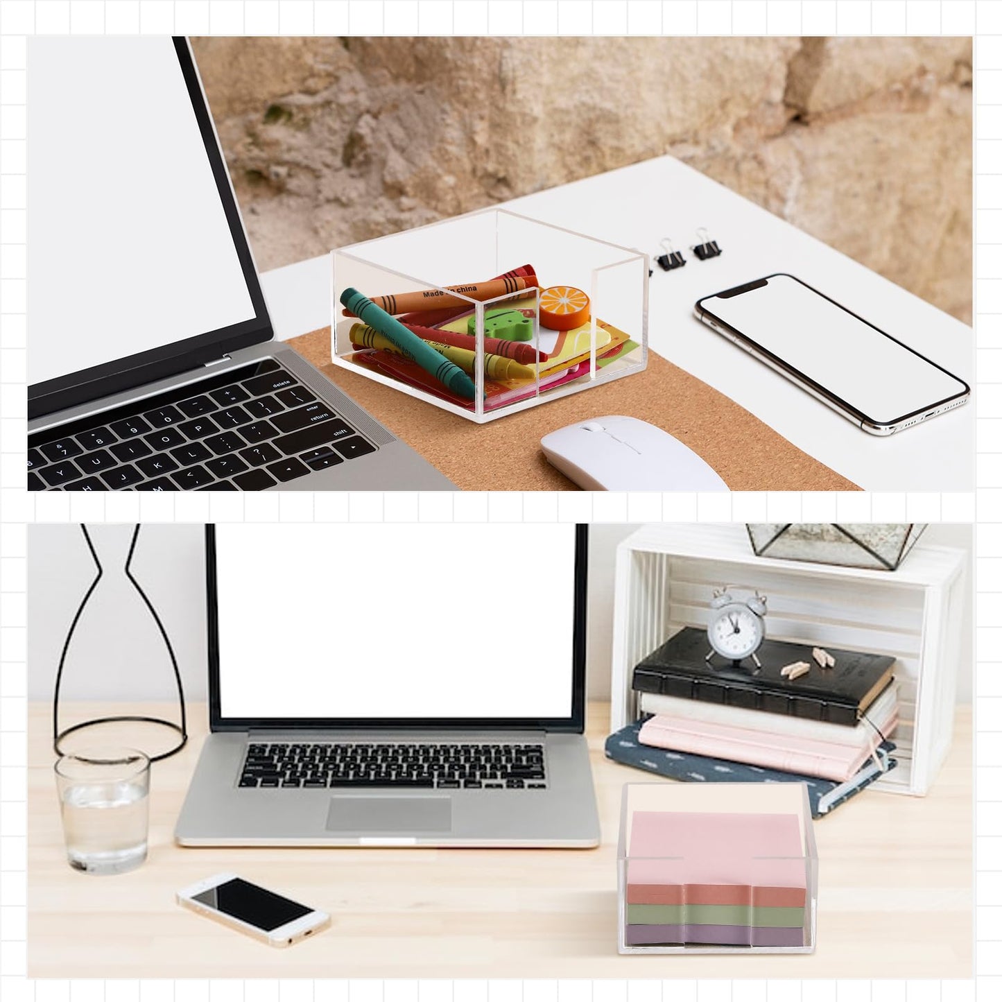 Threehoney 4 Pcs Acrylic Sticky Note Holder 3 x 3 Clear Crystal Acrylic Note Dispenser Notepad Memo Holder Office Desk Organizer Accessories Sticky for Dorm Room Office Desk