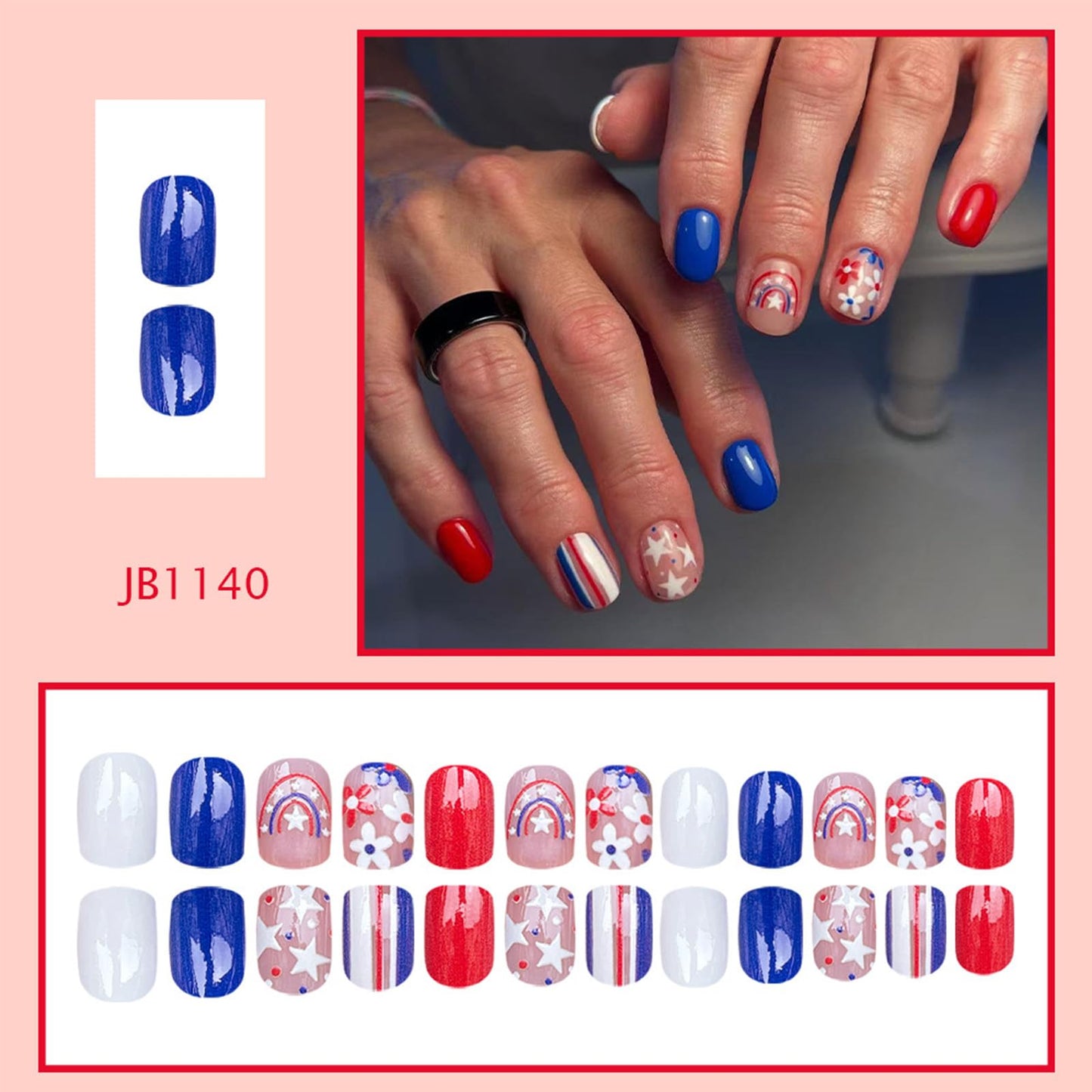 Independence Day Press on Nails Short Square Fake Nails with Star Flower Rainbow Design Red Blue White Glossy Patriotic False Nails Full Cover Stick on Nail for Women Manicure 24Pcs