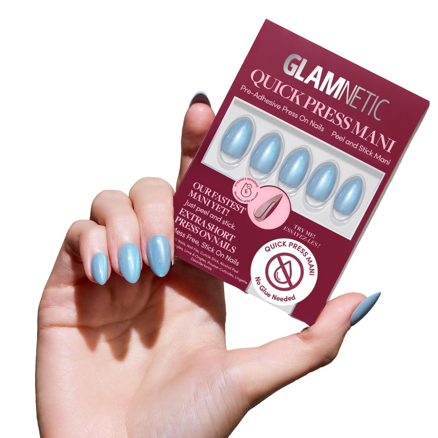Glamnetic Quick Press Mani Bundle - No Glue Press On Nails, Just Peel and Stick | Nude Glazed & Ocean Prism | Mess Free Salon Quality Stick On Nails | Oval & Almond Extra Short Nails