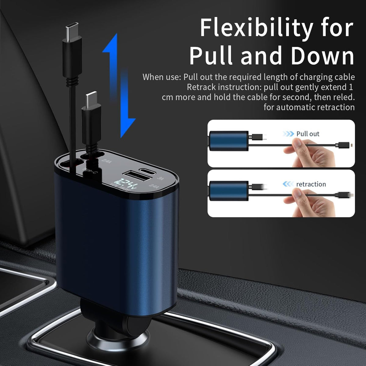 Retractable Car Charger Compatible with Galaxy Pixel, 4 in 1 Fast Charging 60W, Retractable Phone Charger for Car Retractable Cable and 2 USB Ports