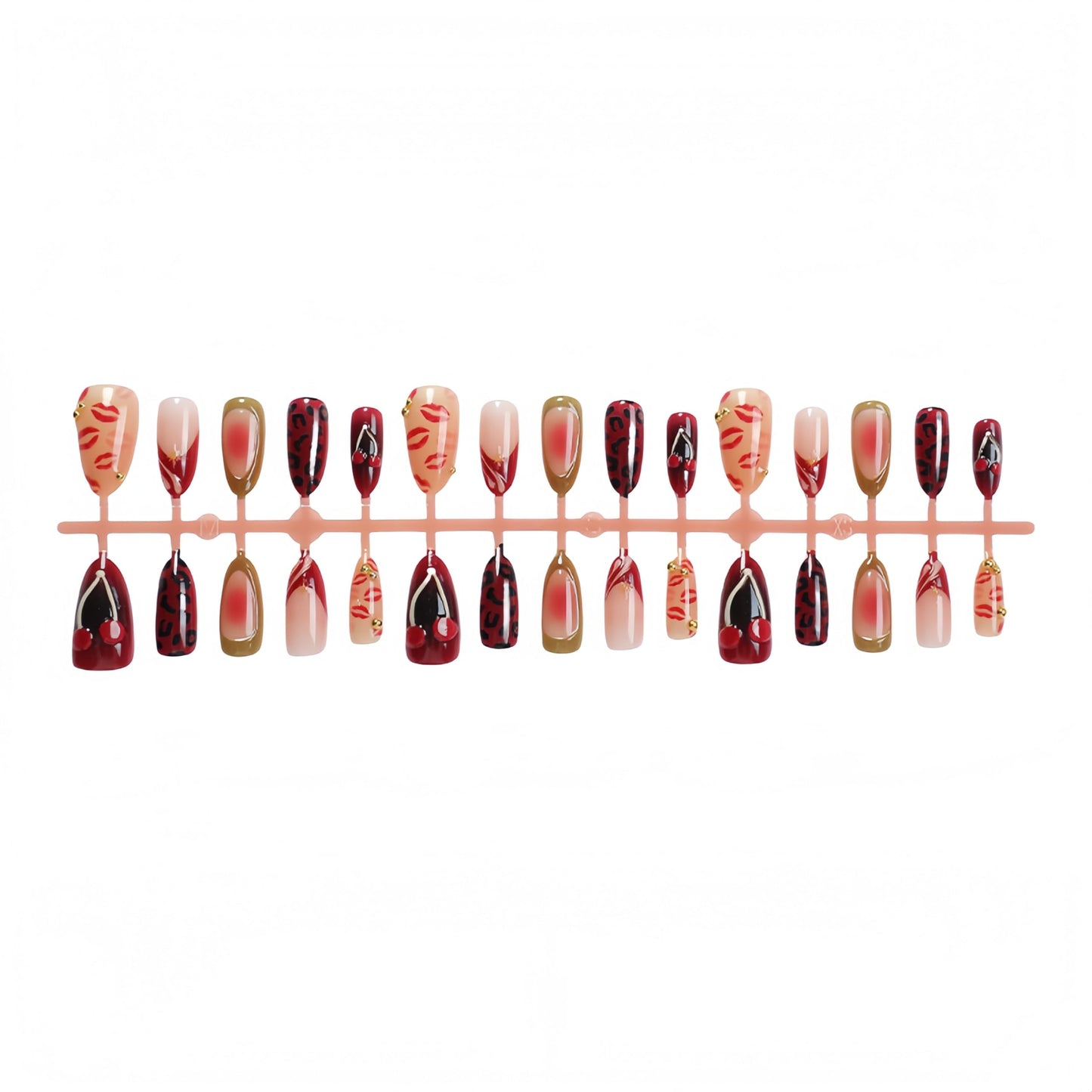 30Pcs Red Lips Cherry Press on Nails Medium Almond Shaped False Nails with Golden Beads Designs Valentines French Tip Fake Nails Leopard Lip Print Full Cover Stick on Nails for Women Manicure Kit