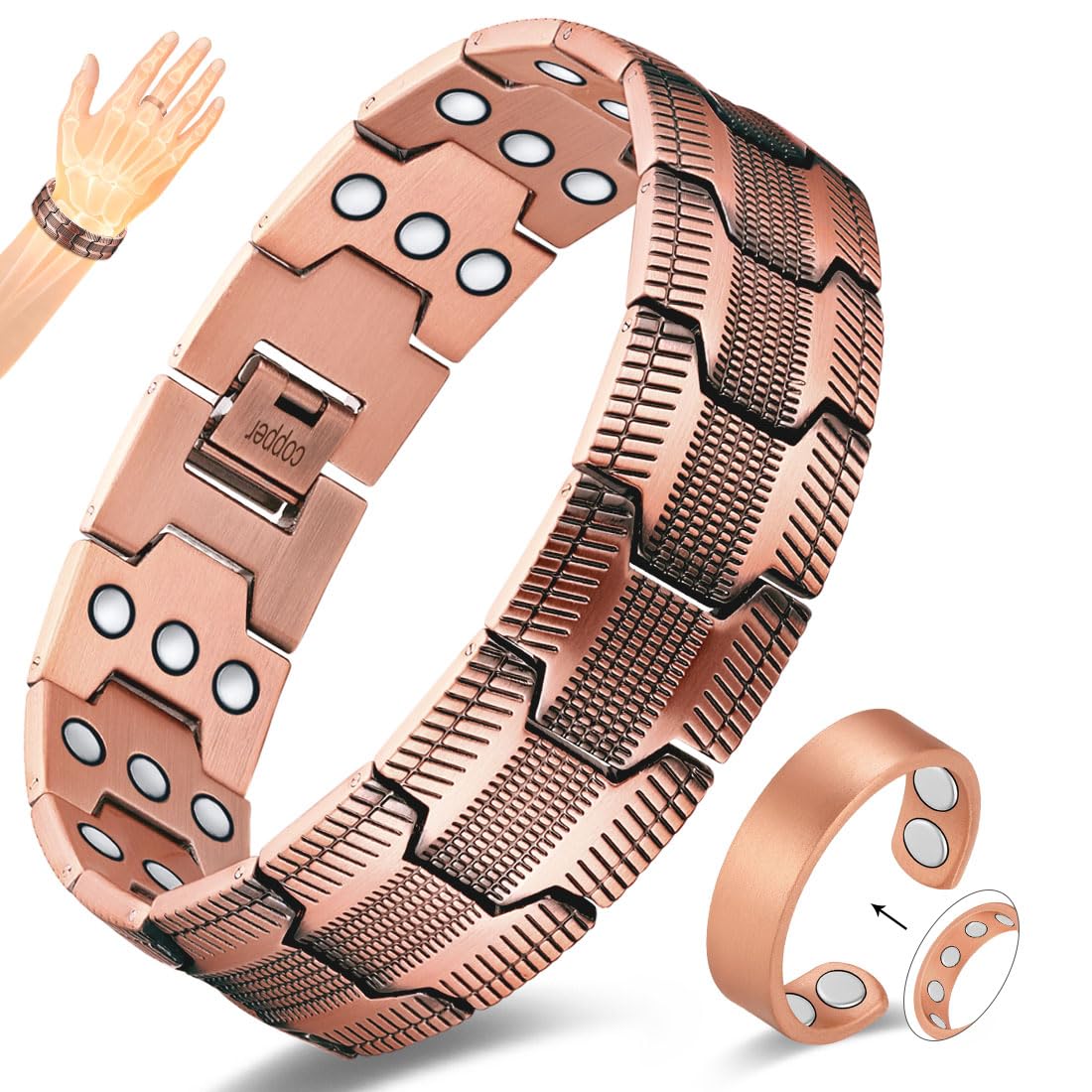 Vicmag Copper Magnetic Bracelet for Men, 3X Strength Magnets, Pure Copper Bracelet & 9X Magnet Ring Set, Adjustable Fit with Sizing Tool(Textured Copper)