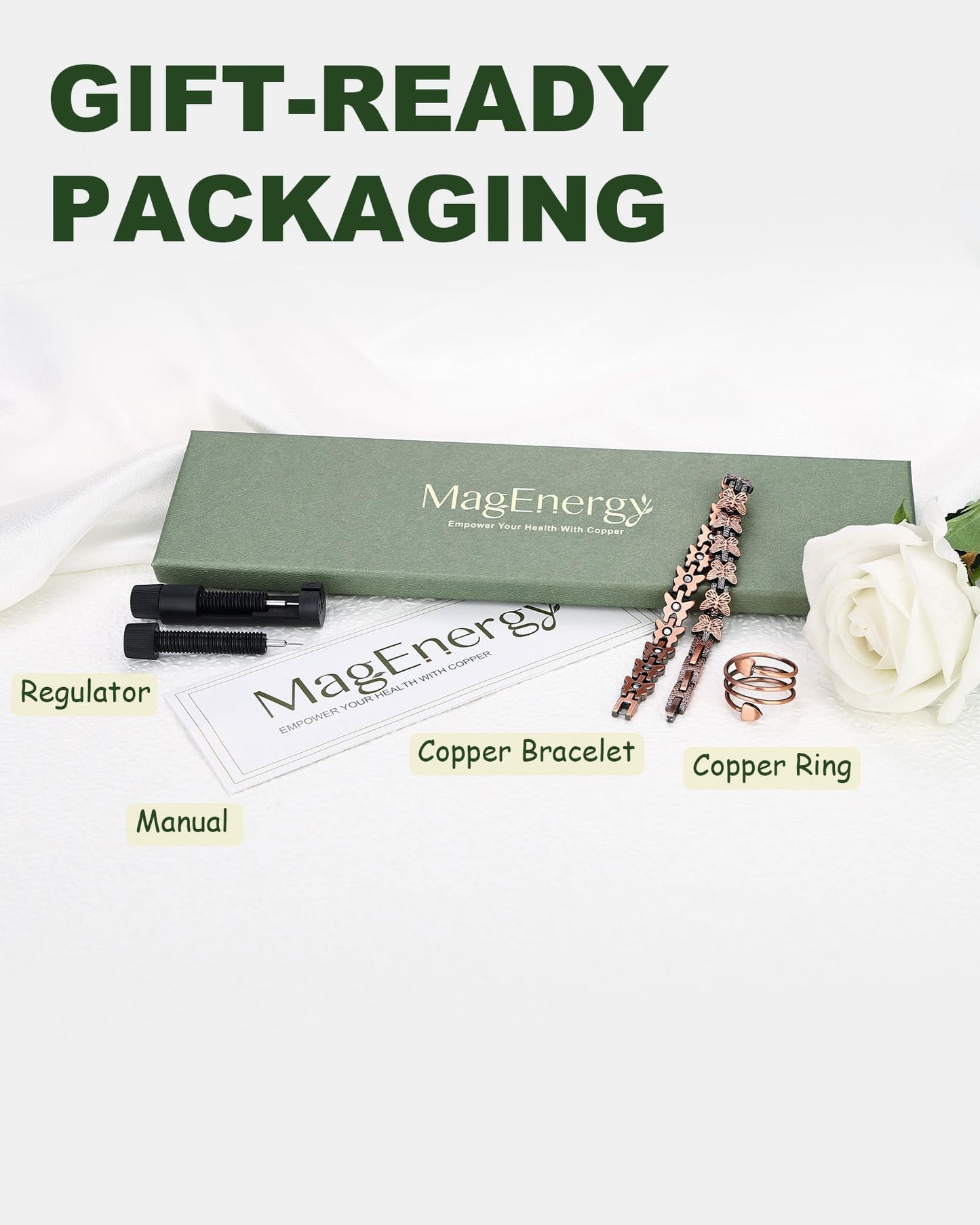 MagEnergy Copper Bracelet for Women, 99.99% Pure Solid Copper Bracelet with 3500 Gauss Magnetic, Adjustable, Jewelry Gift (Copper-Butterfly+Ring/A)
