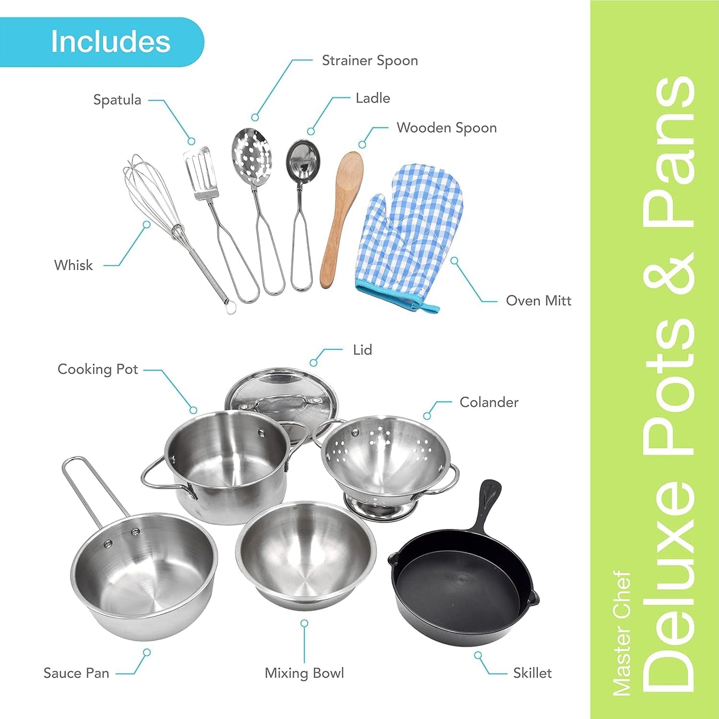 PopOhVer Deluxe Pots & Pans Set - 12 Piece Stainless Steel Play Kitchen Set - Realistic Looking Cookware for Imaginative Role Play - Great for Young Boys and Girls Ages 3+