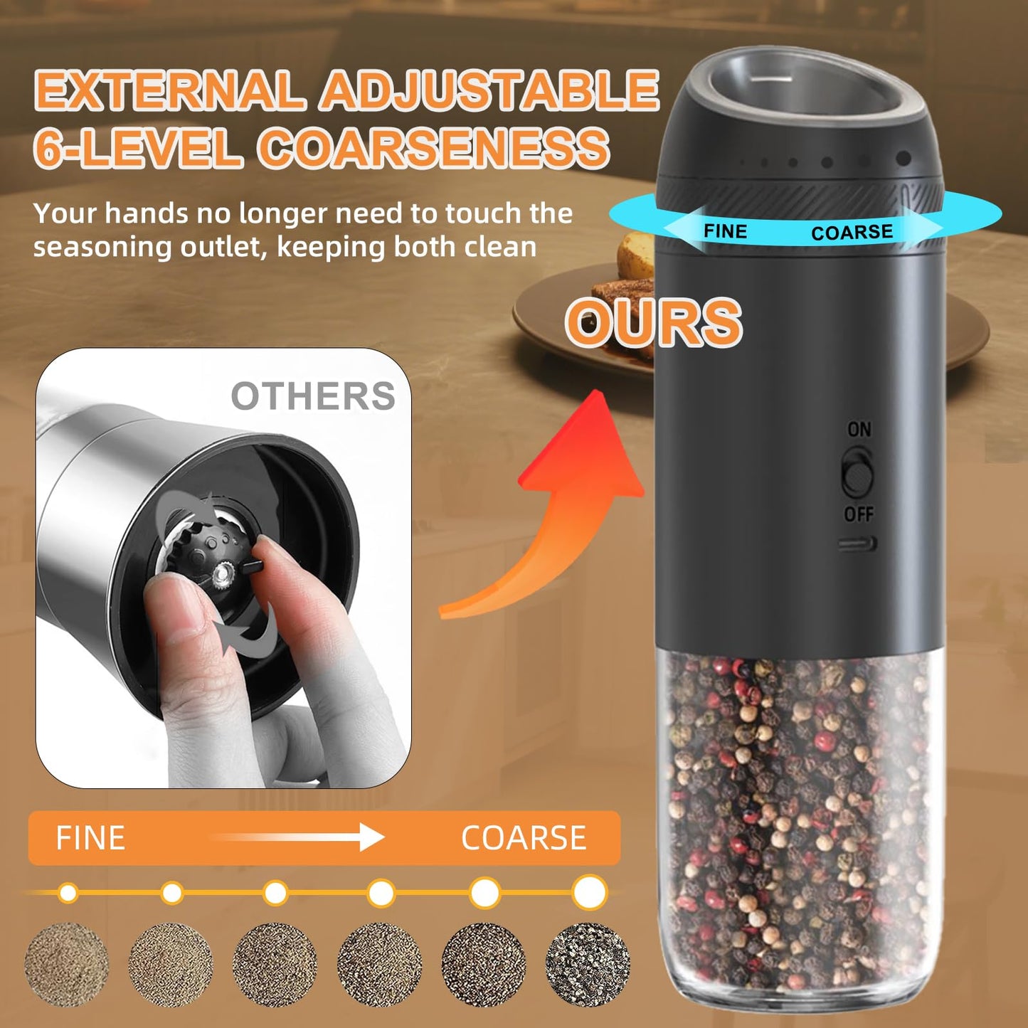 Gravity Electric Salt and Pepper Grinder Set Rechargeable, External Adjustable Coarseness, Automatic Salt and Pepper Shakers Mill with LED Light, 6oz/176ml Large Capacity, House Warming Gifts (2 Pack)