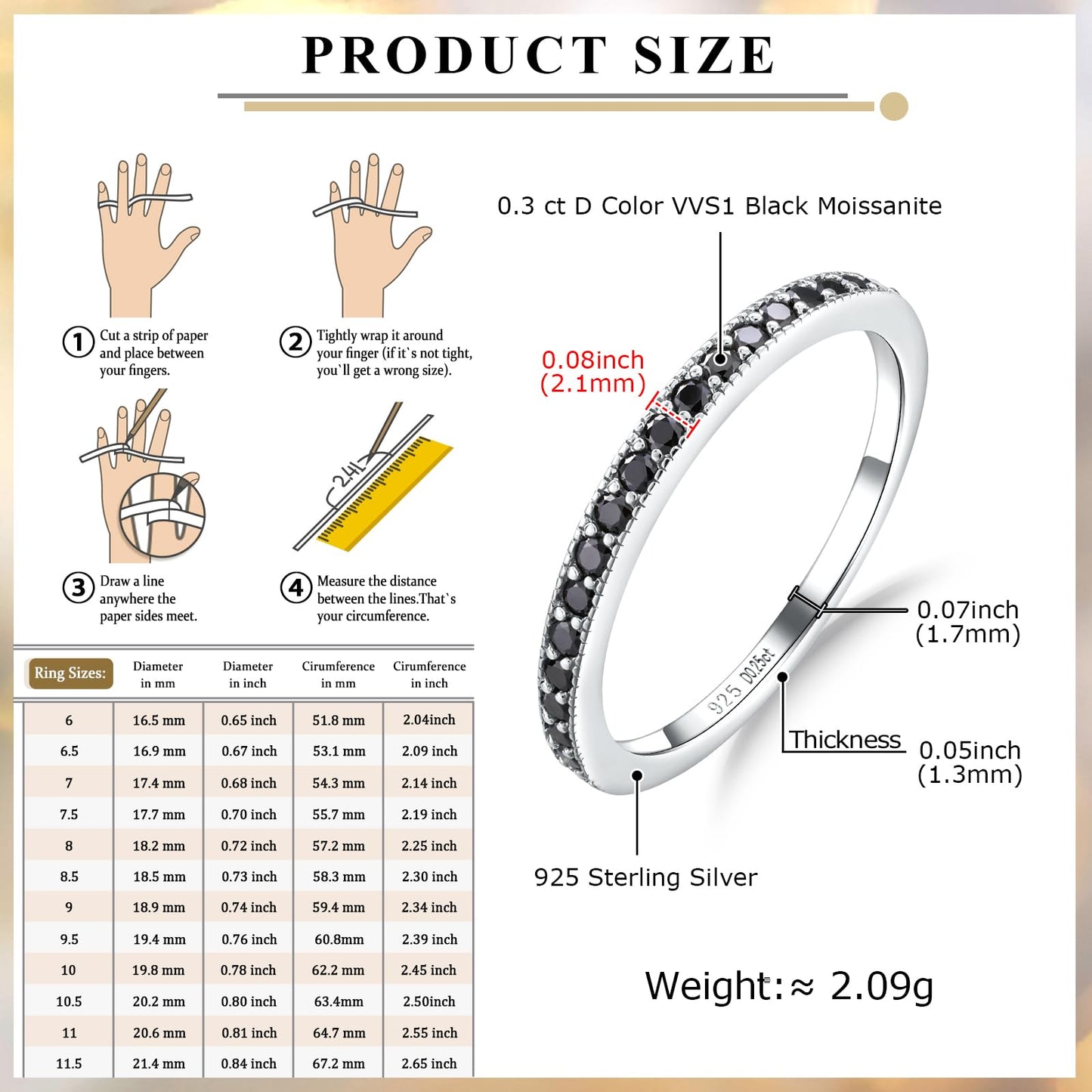 Black Diamond Ring 1.7mm Width Wedding Bands for Men Women 925 Sterling Silver Stackable Half Eternity Band Rings VVS 0.25 Carat Moissanite Anniversary Rings for Women, Size 6