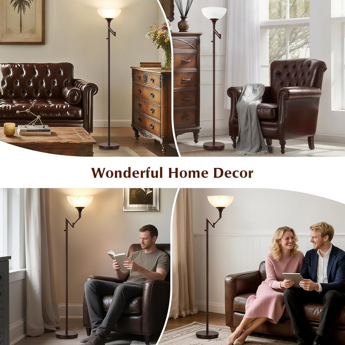Floor Lamps for Living Room Bronze, 71" Tall Standing Lamp with Glass Shade, Vintage Floor Lamp with 350°Adjustable Swing Arm Lamp, Pole lamp for Bedroom, Living Room, Office, Bulbs Included