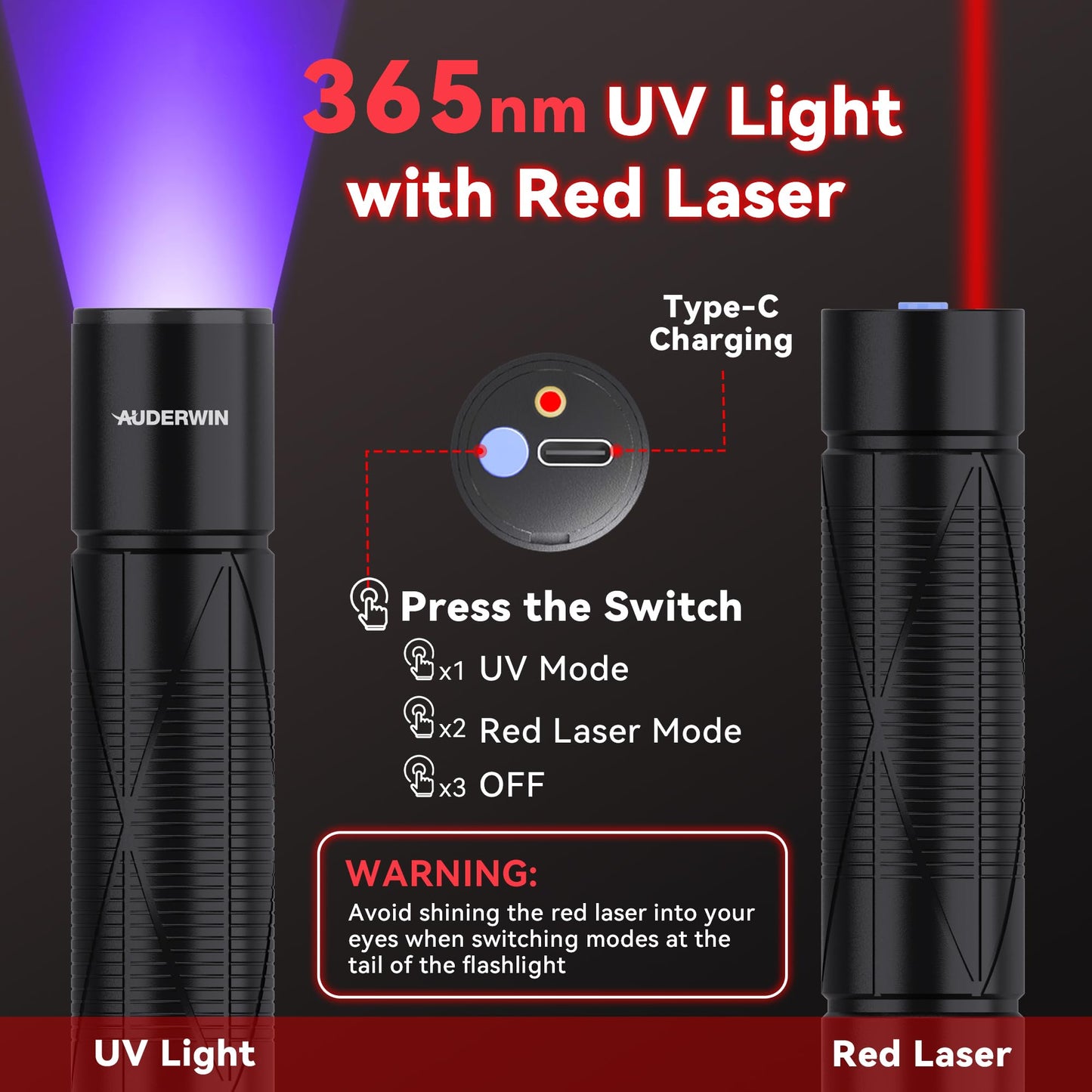 AUDERWIN G5 Rechargeable Flashlights 10000 High Lumens, EDC Flashlight with 365nm Black Light UV Flashlight & Laser Pointer for Emergency Detection Camping, Multifunctional 2-in-1 Set Gifts for Men