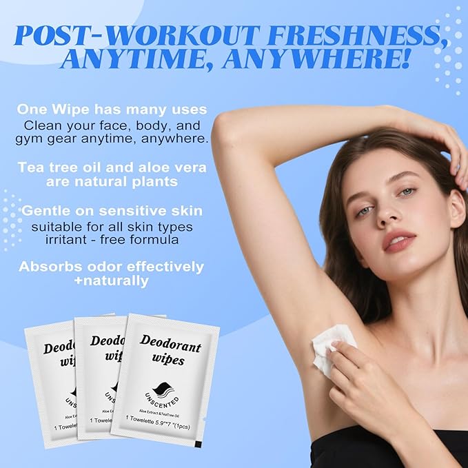 Travel Deodorant Wipes Individually Wrapped,Body Wipes to Clean Skin for Women Men（Unscented,pack of 50)