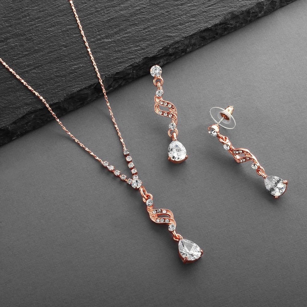 Mariell Rose Gold Cubic Zirconia Prom Jewelry Set, Necklace & Earrings Set for Wedding, Bride, Bridesmaid