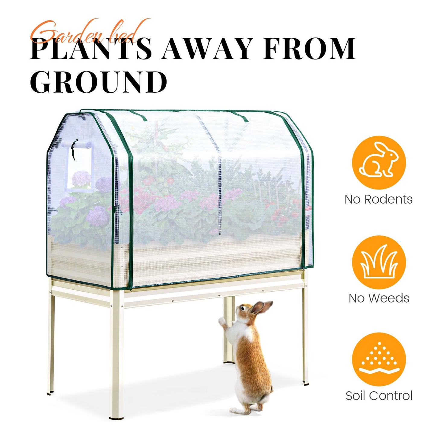KING BIRD Raised Garden Bed with Cover & Netting Galvanized Elevated Large Planter Box with Legs for Backyard, Patio, Balcony, 400lb Capacity, Beige, 48×24×56 in