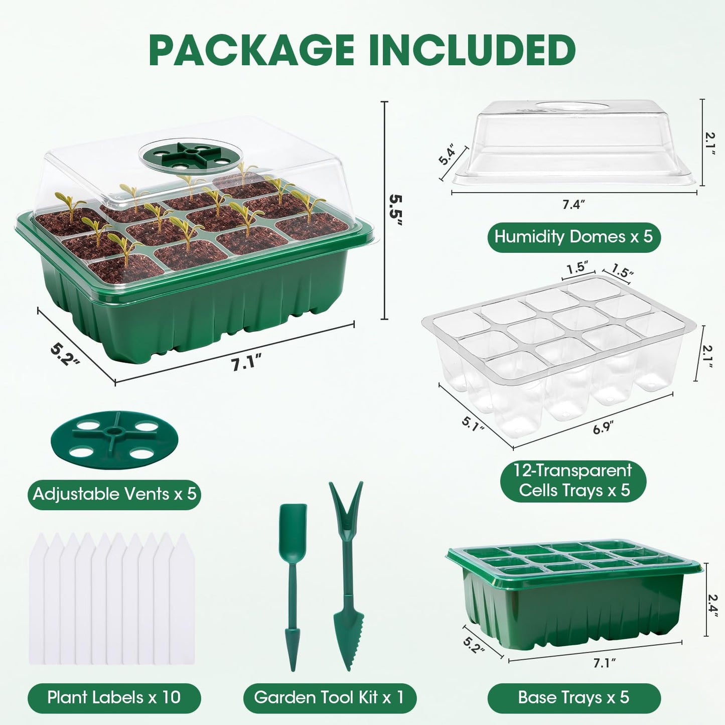 PlantaPulse 5 Packs Seed Starter Tray with Humidity Dome, Seed Starter Kit with Transparent Drain Hole Base Indoor Greenhouse Mini Propagator for Seeds Growing Starting(60 Cell Trays, Green)