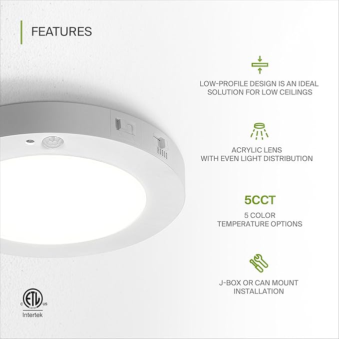ASD LED 7" Round Flush Mount Ceiling Light Fixture, Low Profile Surface Lighting | 5CCT, Motion Sensored, Ultra-Thin, ETL Listed | 15W 900LM 2700-6000K 120V | Kitchen, Hallway Lamp | White, 12 Pack