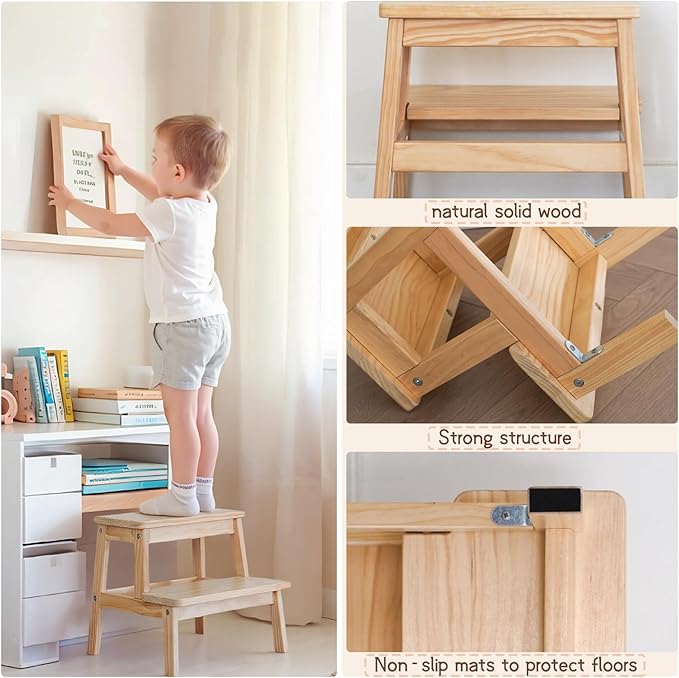 Adult & Child Wooden Two Step Stool ，Stepping Stool，Kids Step Stool Kitchen Step Stools for Bathroom– Perfect for Kitchen, Bathroom, Bedrooms & More (Wood Color)
