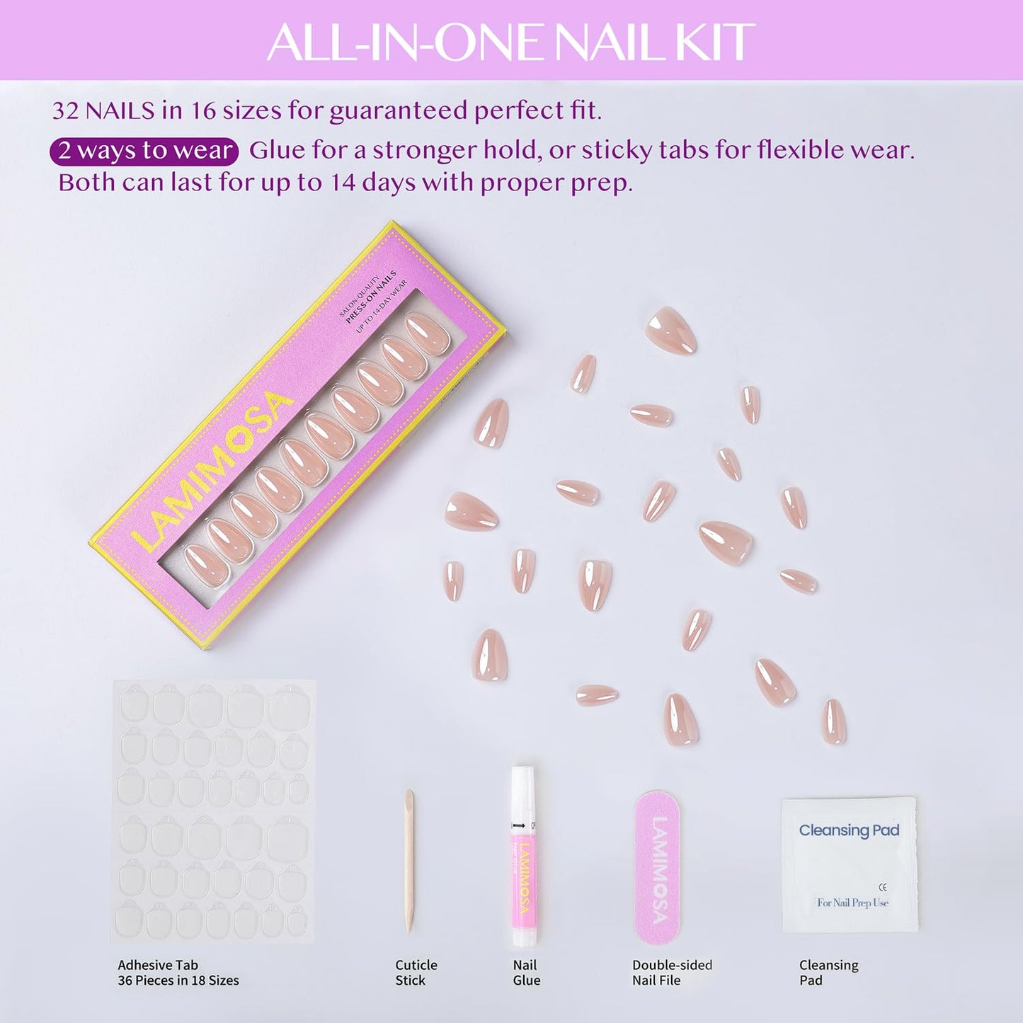 LAMIMOSA 32Pcs Chrome Press On Nails Short Almond - Soft Gel Fake Nails in 16 Sizes, Reusable Glue on Nails with Shimmery Effect, GLAZED DREAM