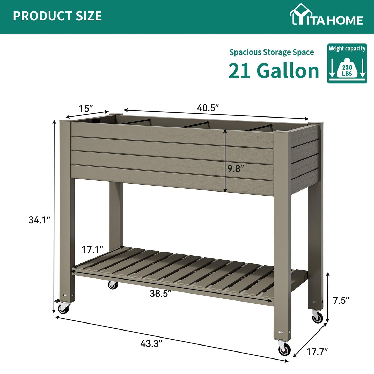 YITAHOME 43.3x17.7x34 in Elevated Garden Bed, Outdoor Plastic Planter Box with Wheels, Legs, Drain Plug, and Storage Shelf for Plants, Vegetables, Flowers, Herbs, Light Brown