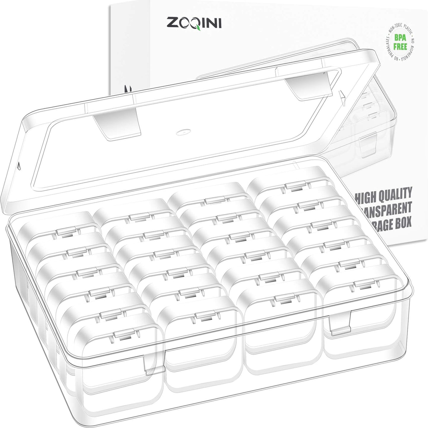 ZOQINI Bead Organizer Box, 28Pcs Small Clear Plastic Storage Containers, 1 Large Craft Organizer Box, 1 Sheet Label, Mini Parts Storage Solution for Beading Jewelry Making Diamond Arts Screws Seeds